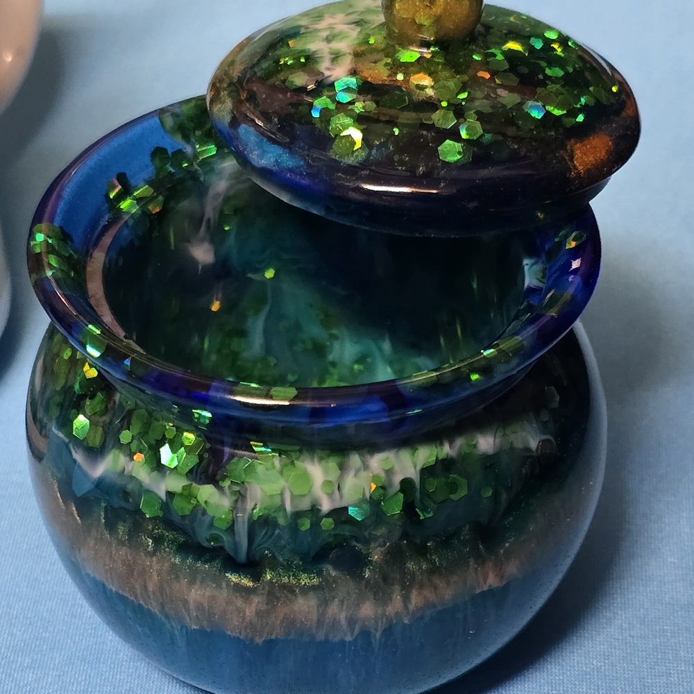 Handcrafted Blue and Green Art Glass Jar - Picture 2 of 2